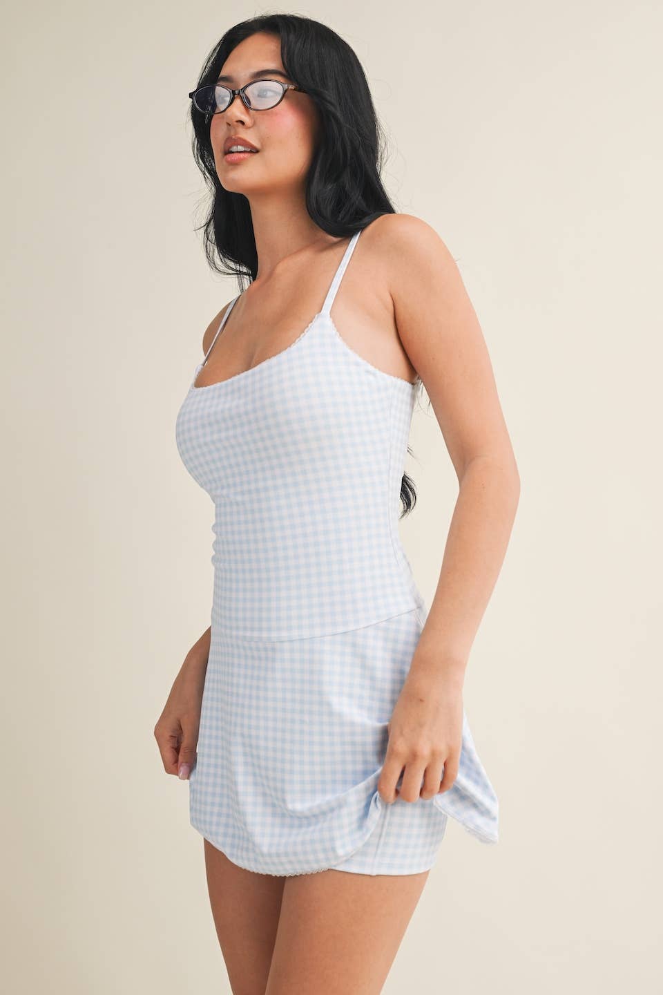 Gingham Print Lace Trim Ruffle Mini Dress: Blue Gingham / L