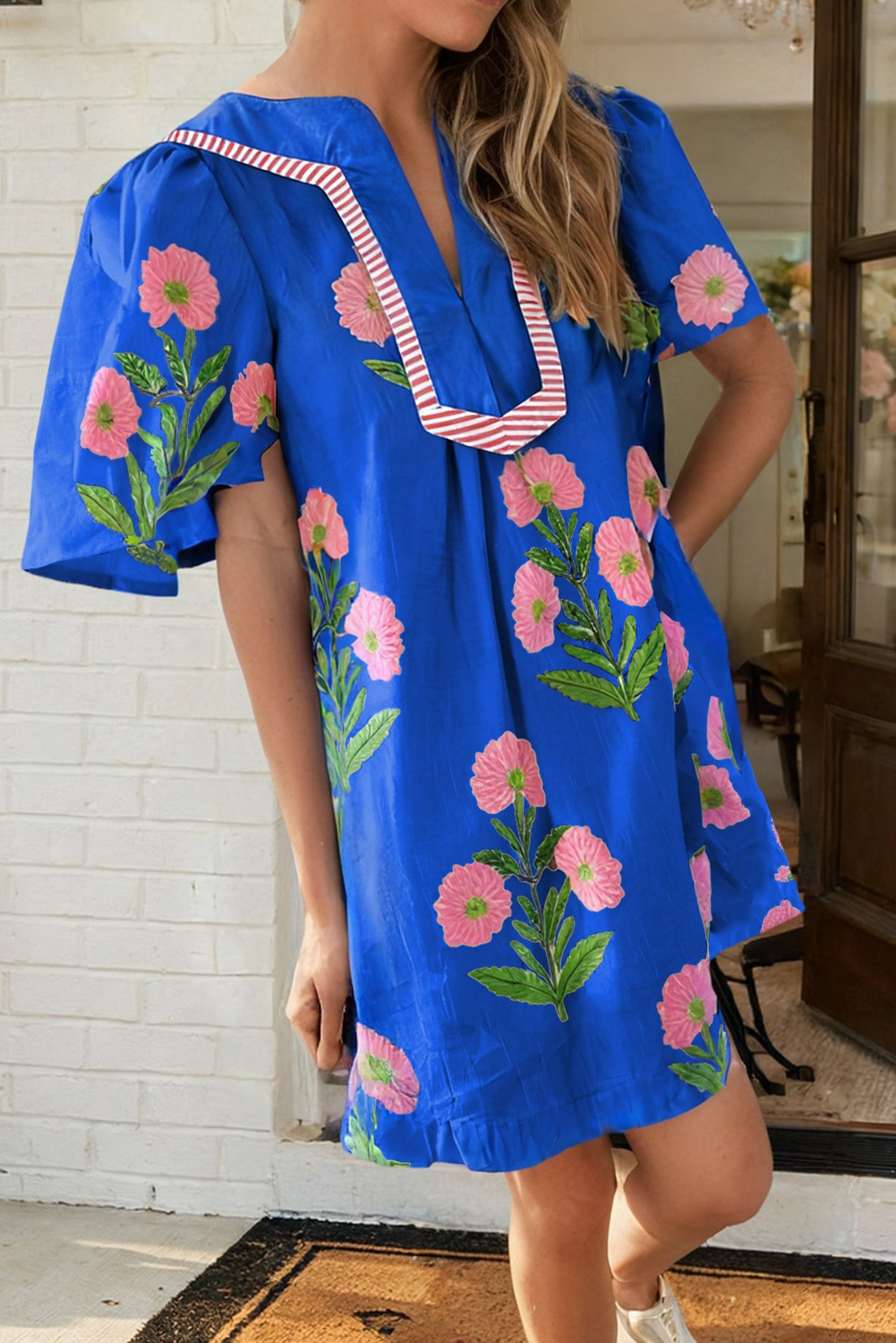 LAS Floral Short Sleeve Split Neck Loose Mini Dress (S-XL): White / Missy / M