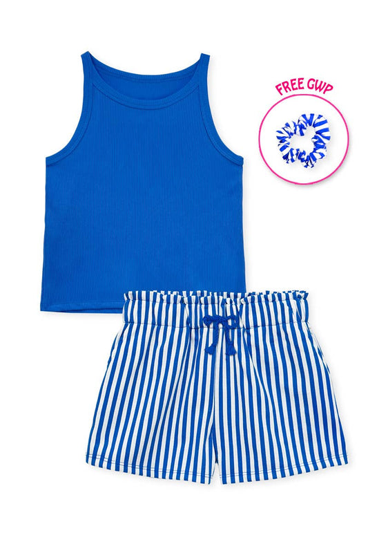 GKSS-Y26-38185- Girl's Stipe Short Set w/ Matching Scrunchie: Blue / 7