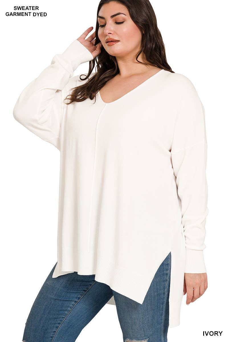 Plus Hi-Low Hem V-Neck Center Seam Sweater: H LT NAVY / 3-2 (1XL/2XL-2XL/3XL)