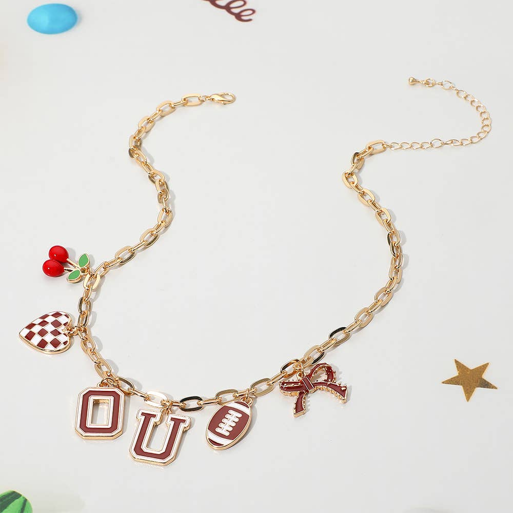 Football Theme Bow Cherry Heart Charm Station Necklace: Blue,Gold,White