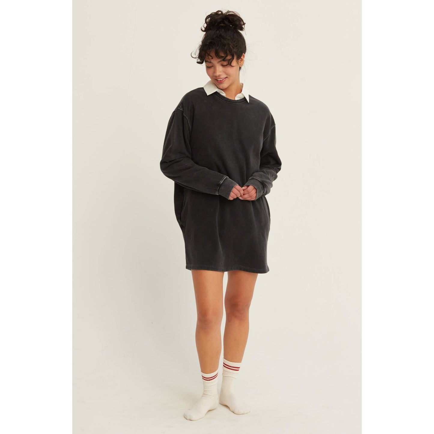 Mineral Washed Oversized Mini Sweatshirt Dress: CHESTNUT / S-M-L(2-2-2)