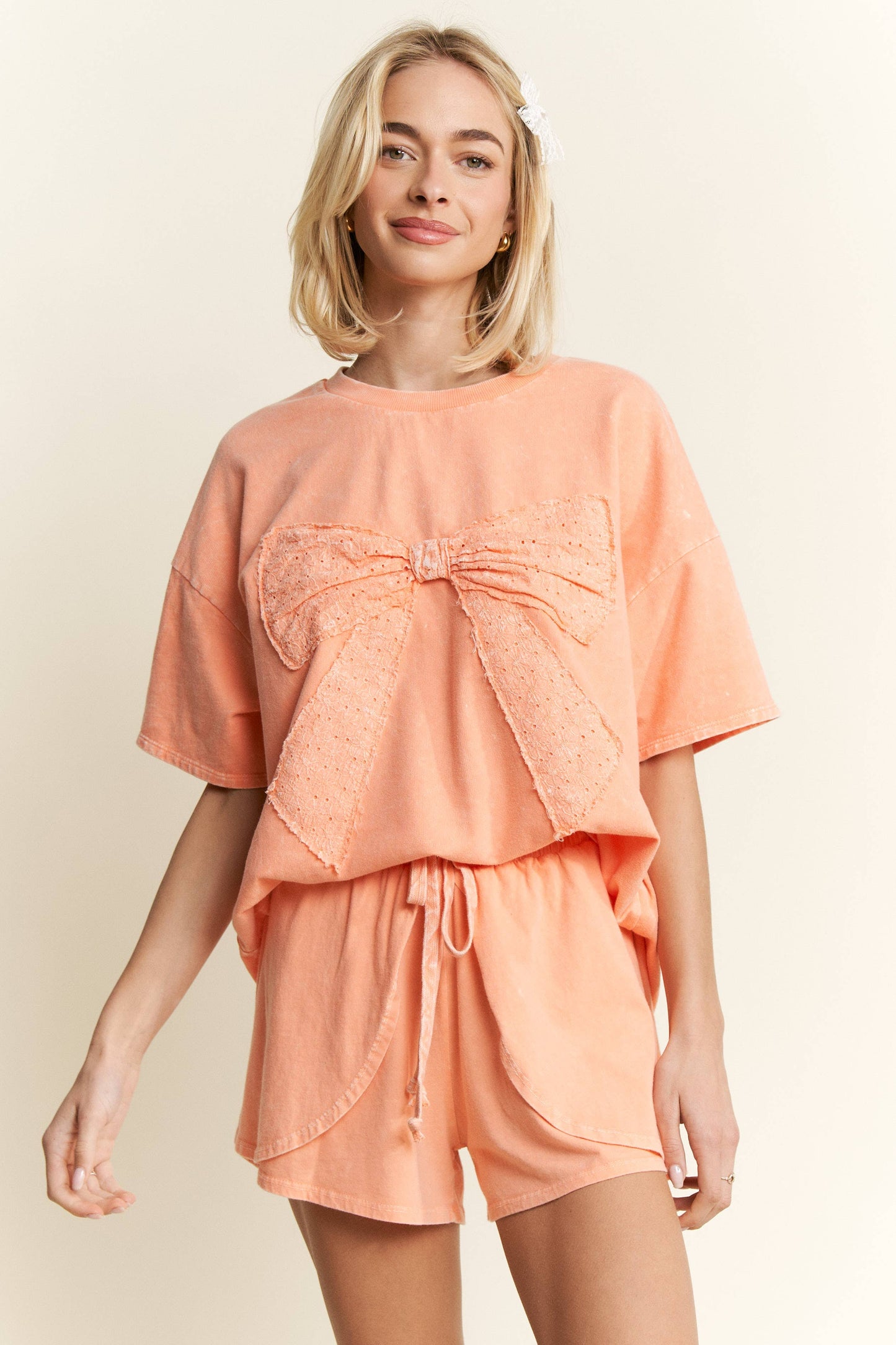 MineralWash Ribbon bow half sleeve shirt HT6308: Silver Grey / S-M-L / 2-2-2