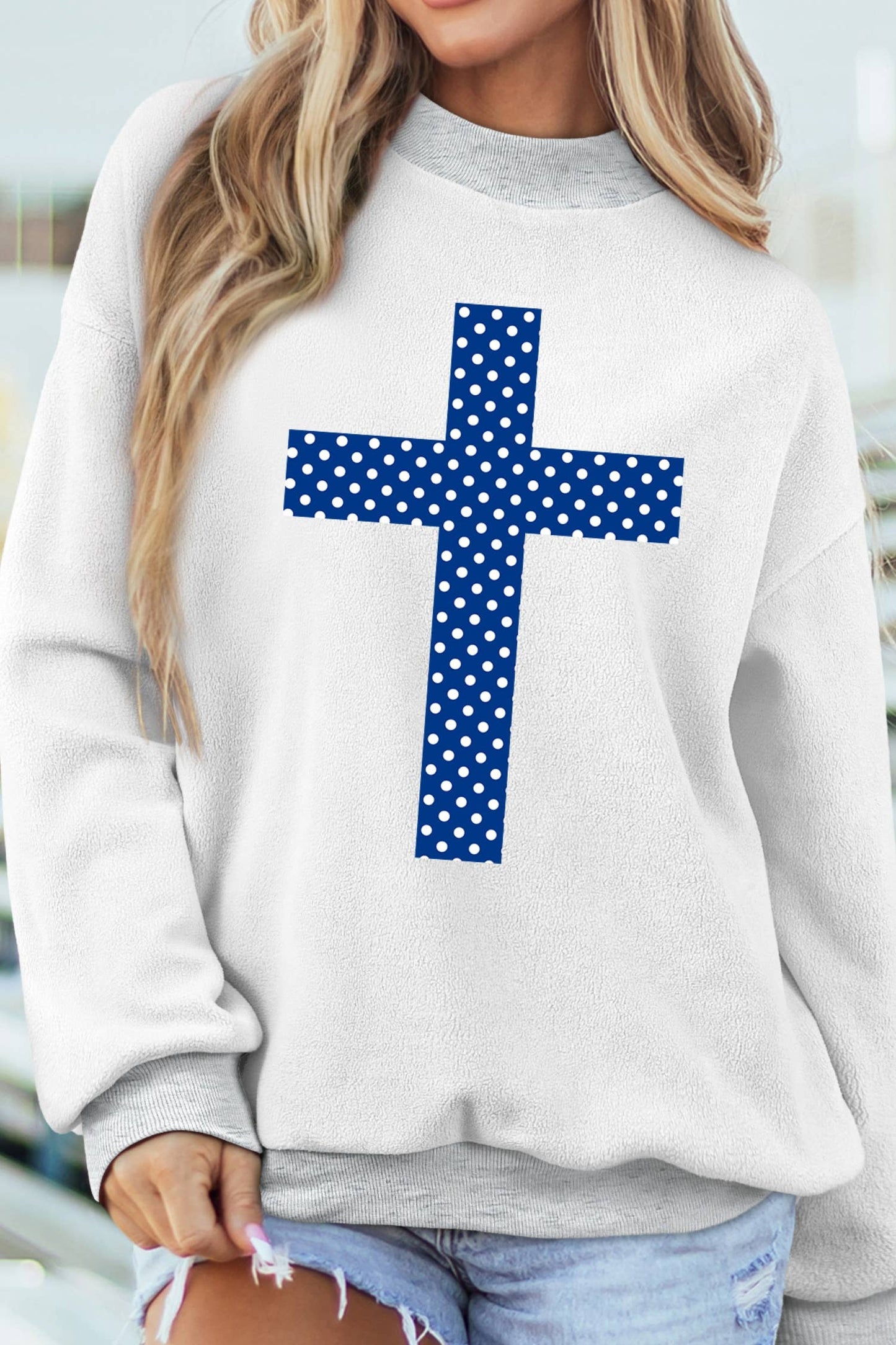 LDC Polka Dot FAITH Print Mock Neck FAIT Shift Top: Light Grey / M