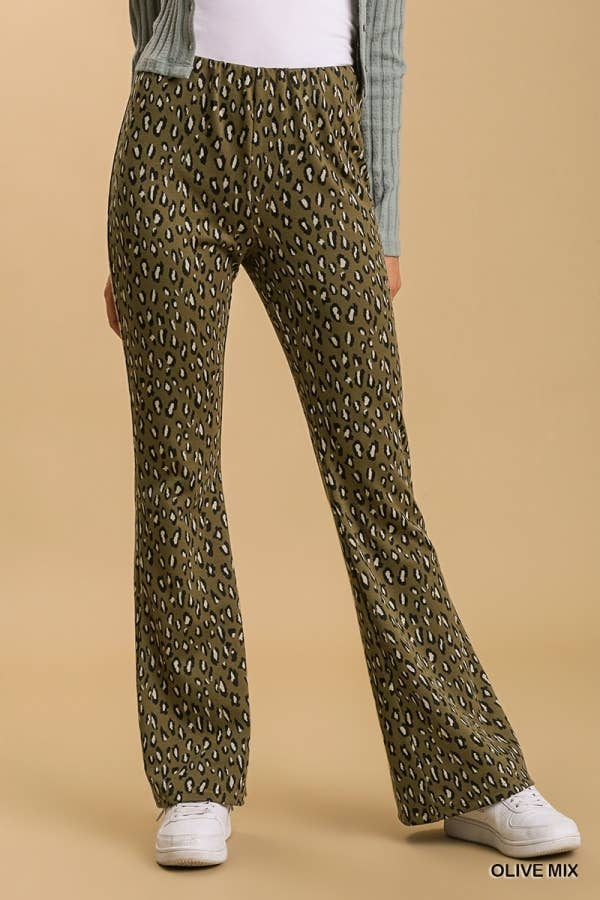 Animal Print Stretch Bell Bottom Pants With Elastic Waistban: MOCHA MIX / 2-2-2 (S-M-L)