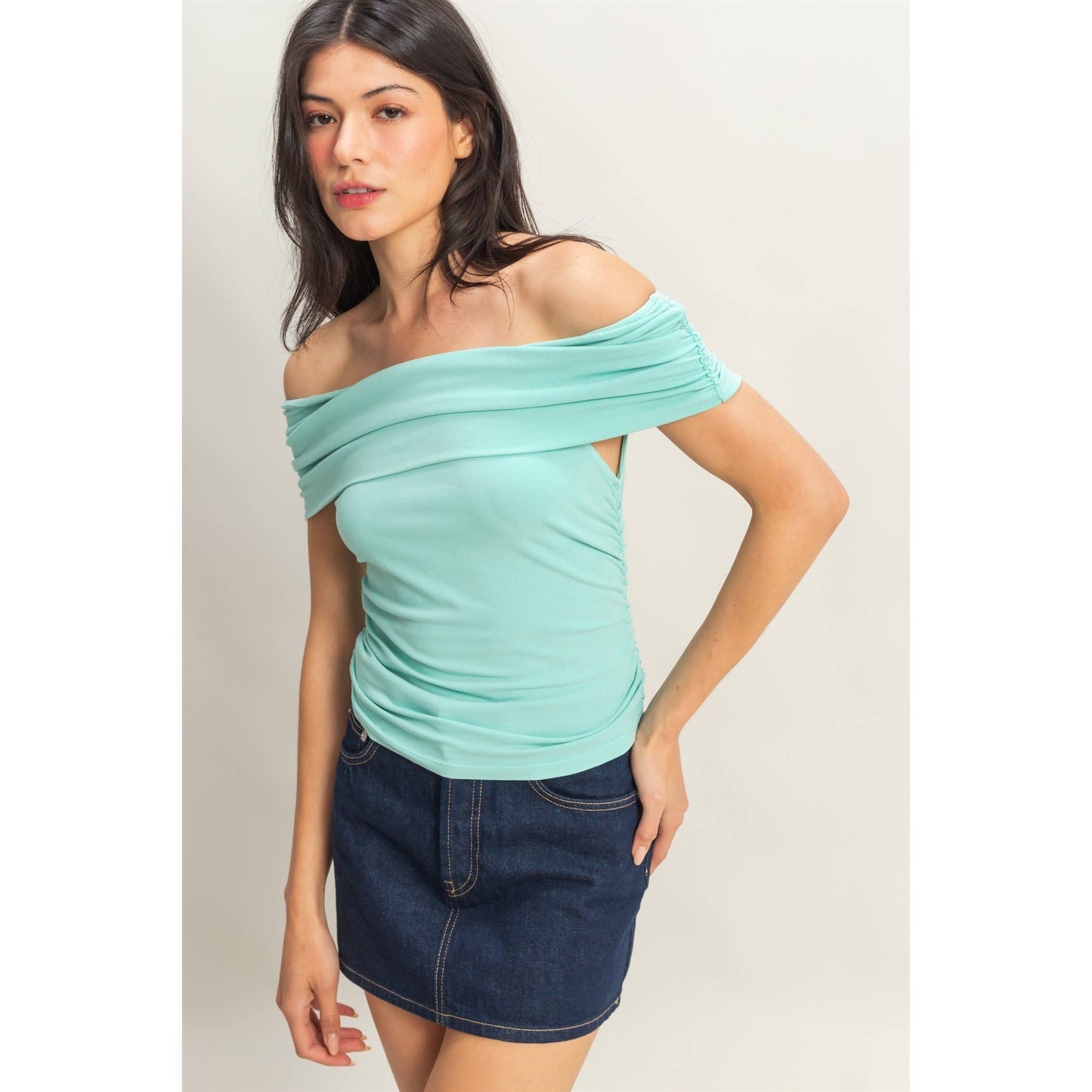 Off-The-Shoulder Side Ruched Top: RED / S-M-L(2-2-2)
