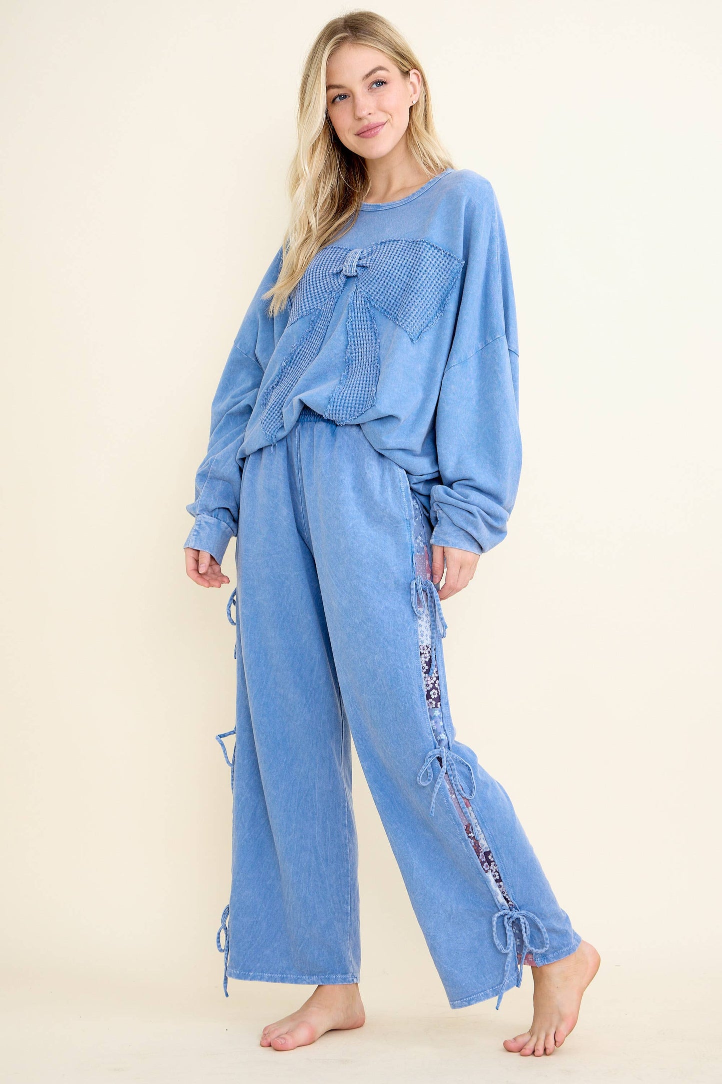I'm a gift for you Waffle Ribbon bow terry top HT6129: Denim Blue / S-M-L / 2-2-2