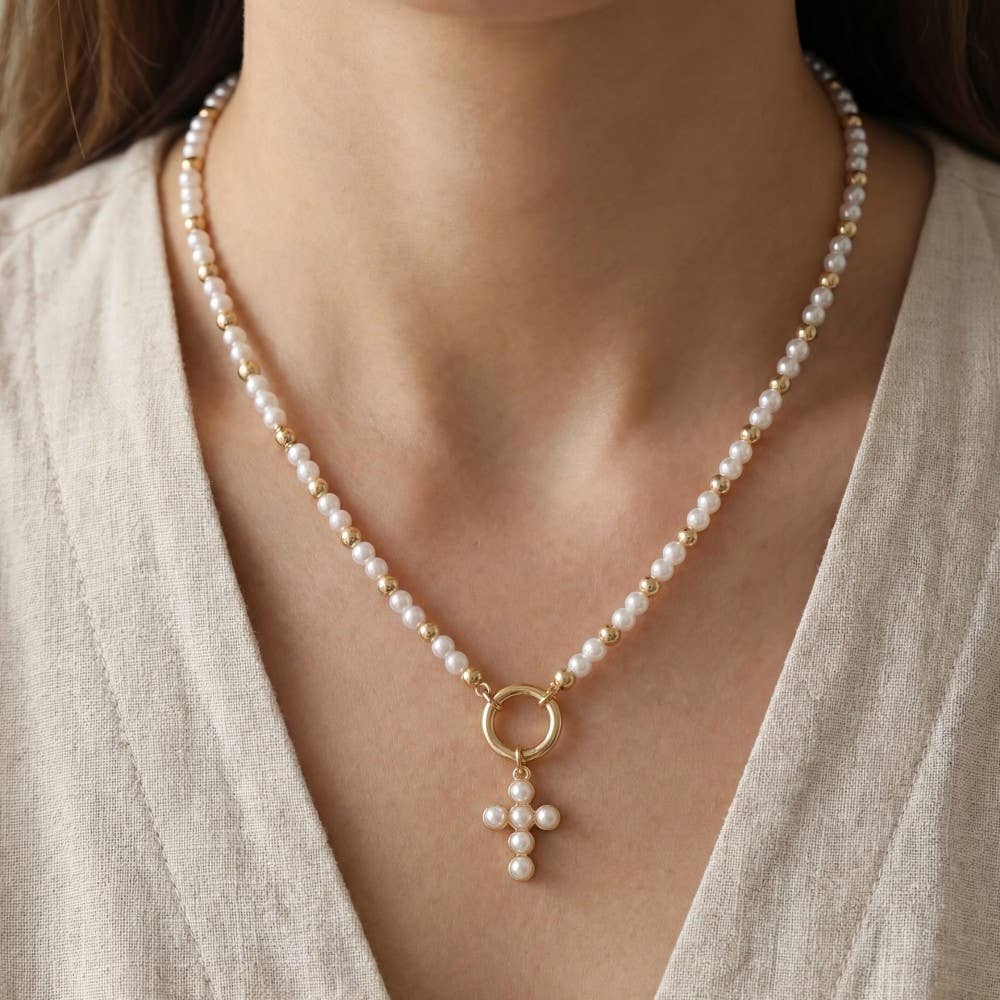 Cross Pendant Pearl And Metallic Beaded Necklace: GDCRM
