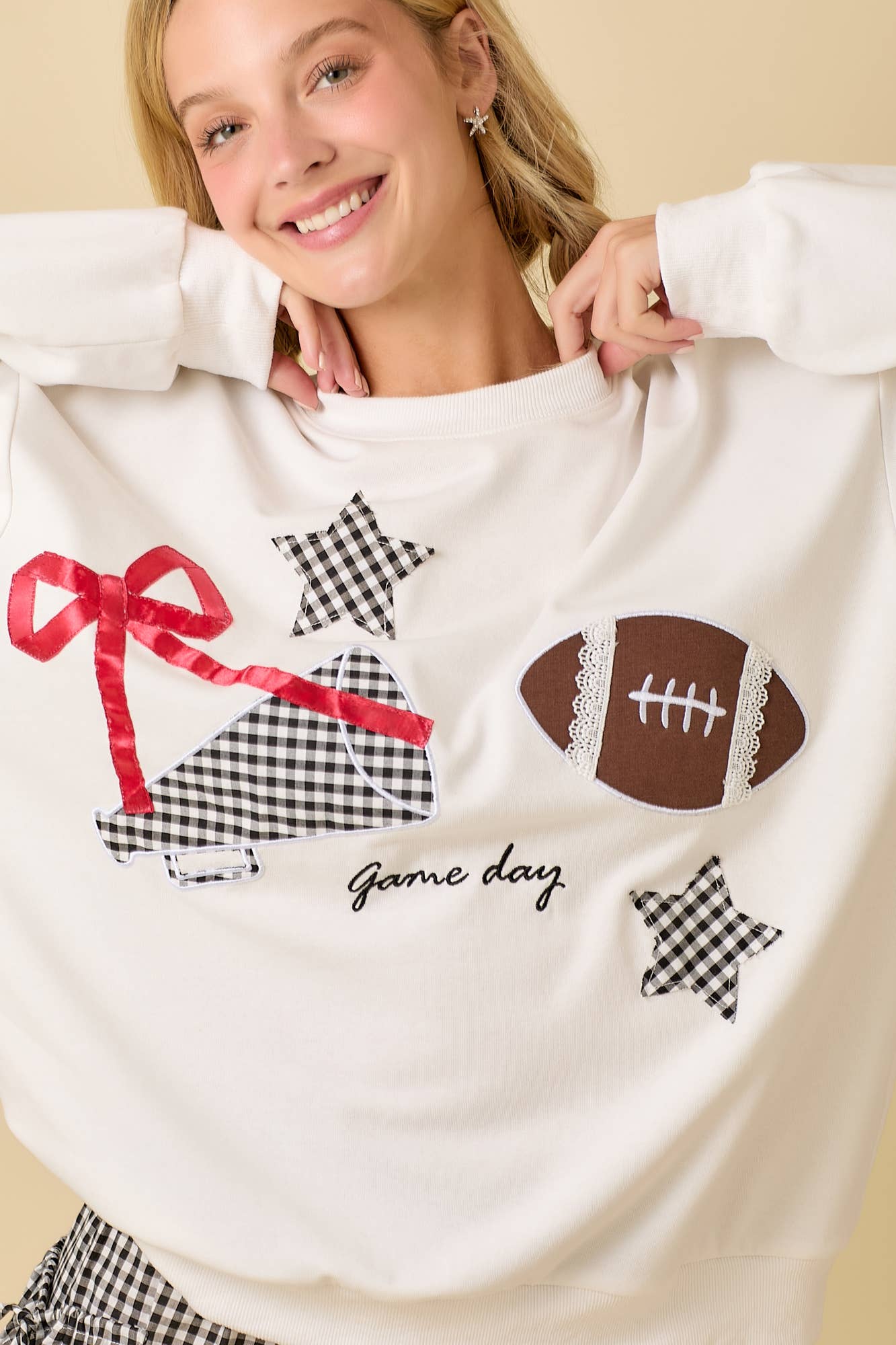 Football Game Day Patchwork Long Sleeve Crewneck Top: BLACK / M