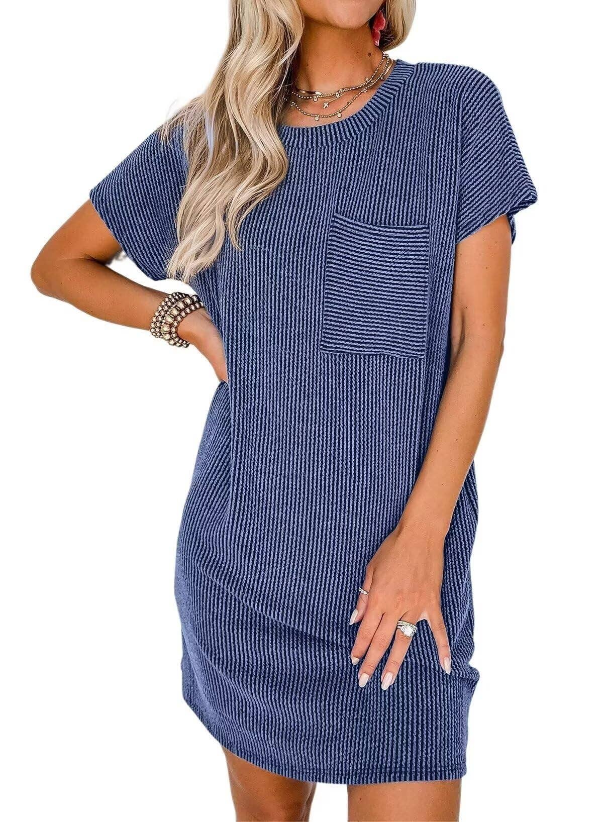 Summer Casual T-shirt Short-sleeved Dress (With Pockets): Black / 65%Rayon + 35%Polyester / L