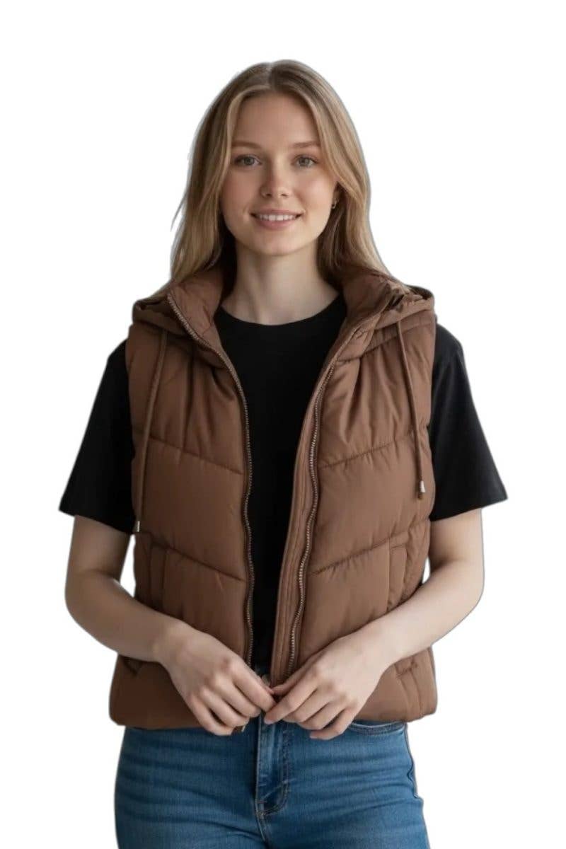 Woven Puffer Vest with Hood: BLACK / 1-2-2-1(S-M-L-XL)