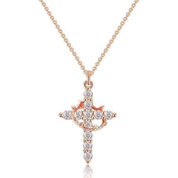 Sparkling Crown Cross Pendant Necklace Christian Jewelry: Yellow Gold
