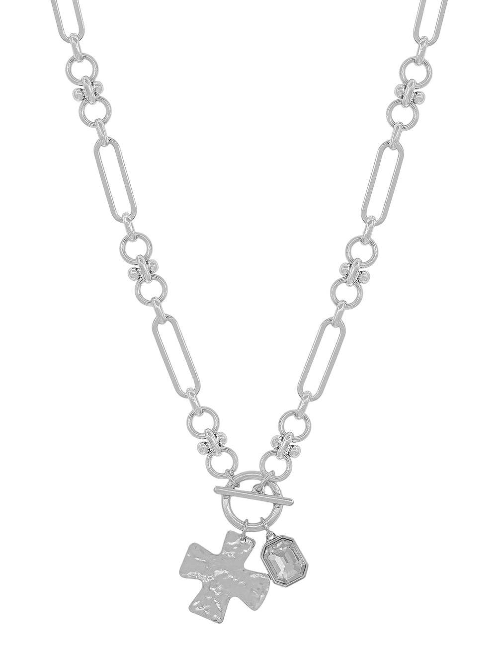 Silver Open Chain with Hammered Cross and Rhinestone 16"-18" Necklace