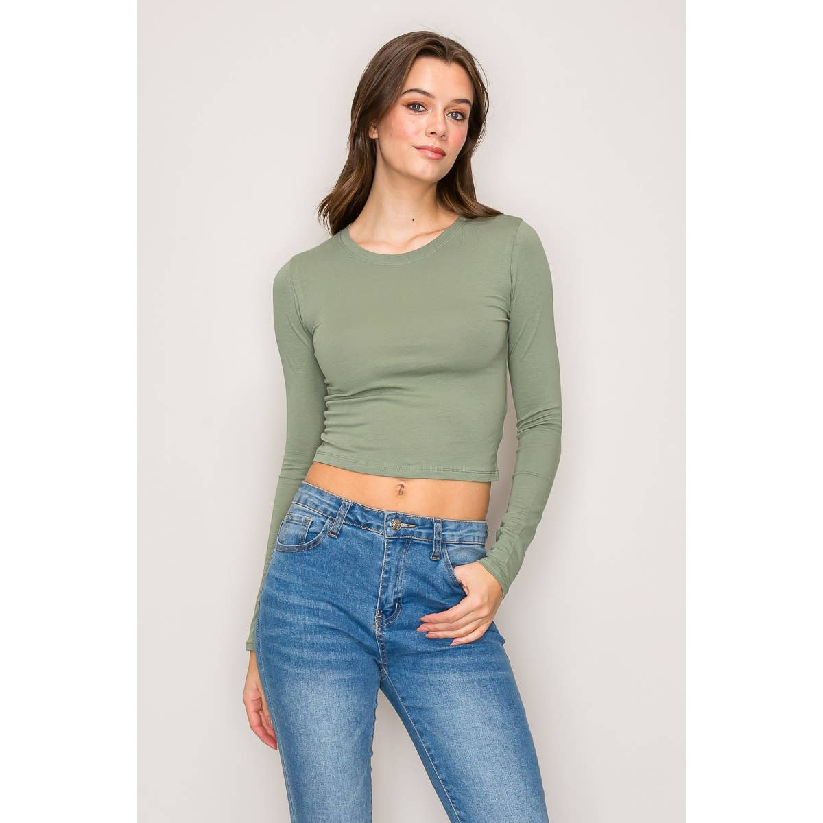 Crew Neck Long Sleeve Cotton Cropped Knit Top: Chili Oil / S-M-L(2-2-2)
