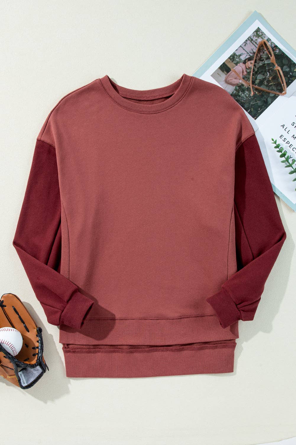 Two Tone Patchwork Drop Shoulder Pullover Sweatshirt: Mineral Red / 50%Polyester+50%Cotton / S