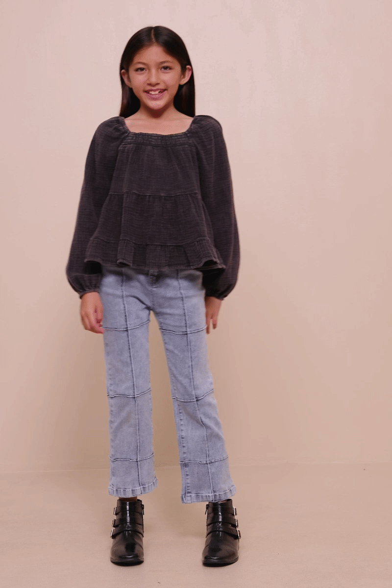 Girls Smock Detailed Textured Washed Peplum Top - 4 Pack: Black / Pack