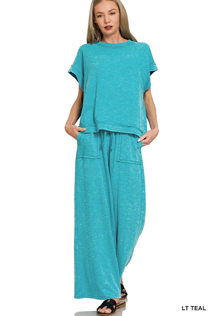 Washed Slub Short Sleeve Tee And Long Pants Set: DK PINK / 1-1-1(S-M-L)