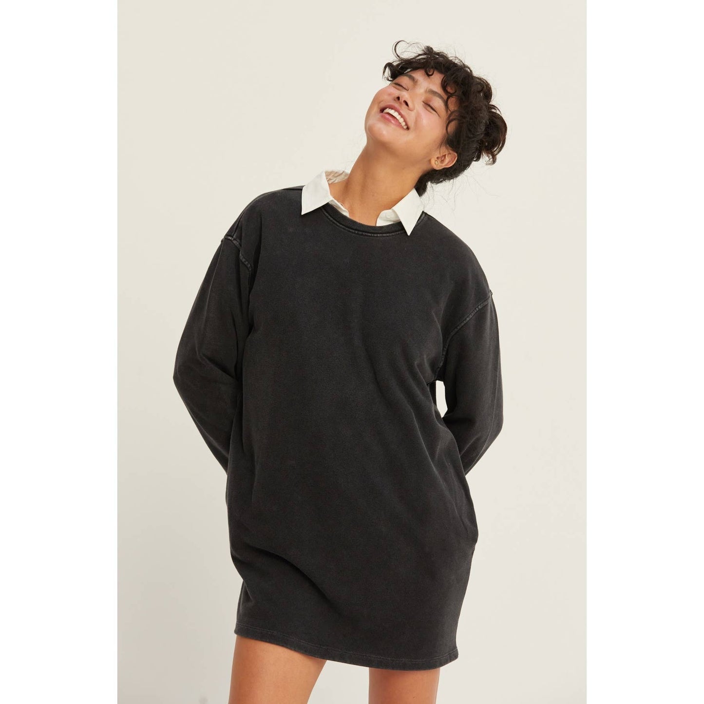 Mineral Washed Oversized Mini Sweatshirt Dress: CHESTNUT / S-M-L(2-2-2)