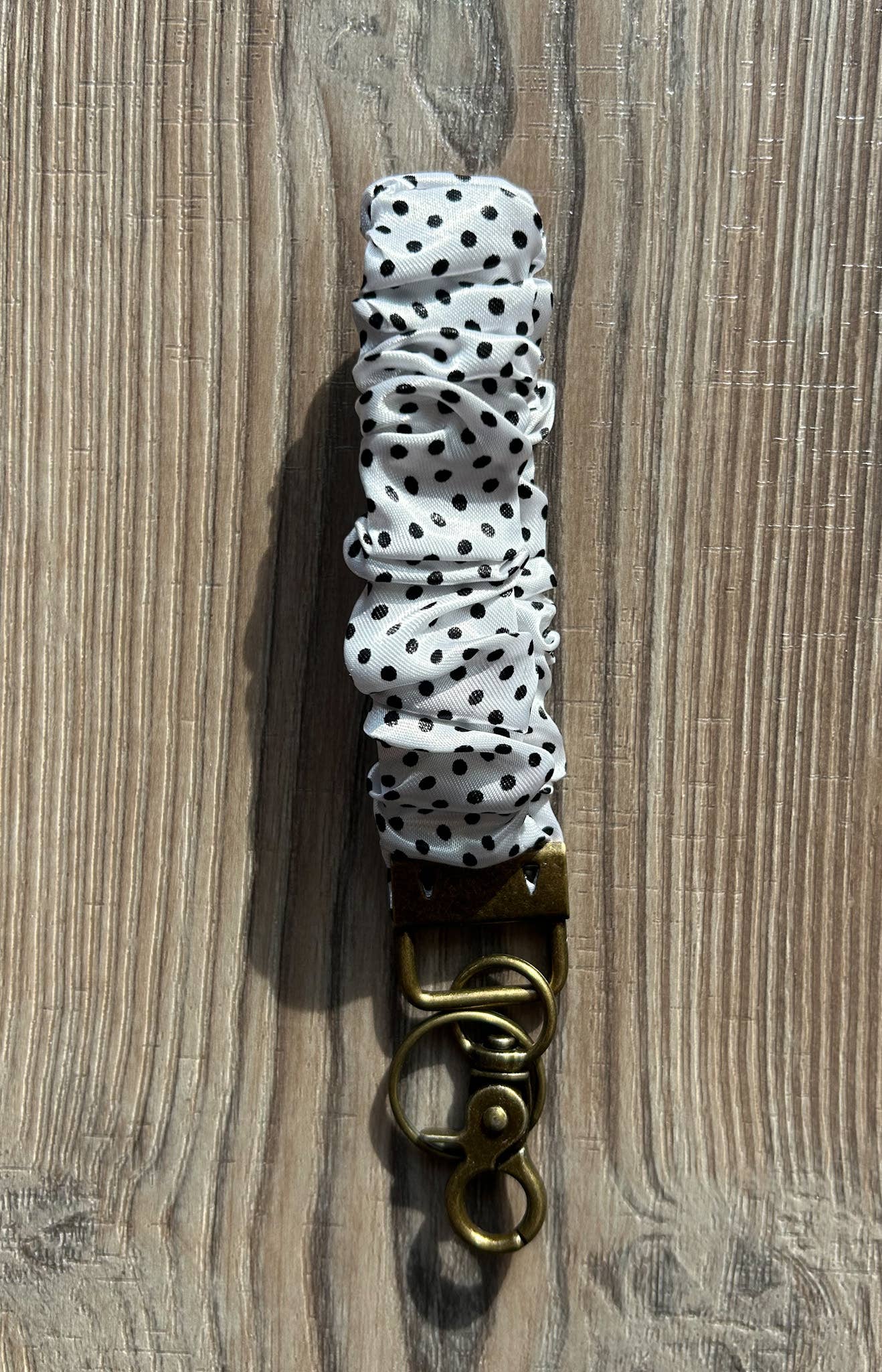 Silky Scrunchie Wristlet Keychain: White Polka Dot