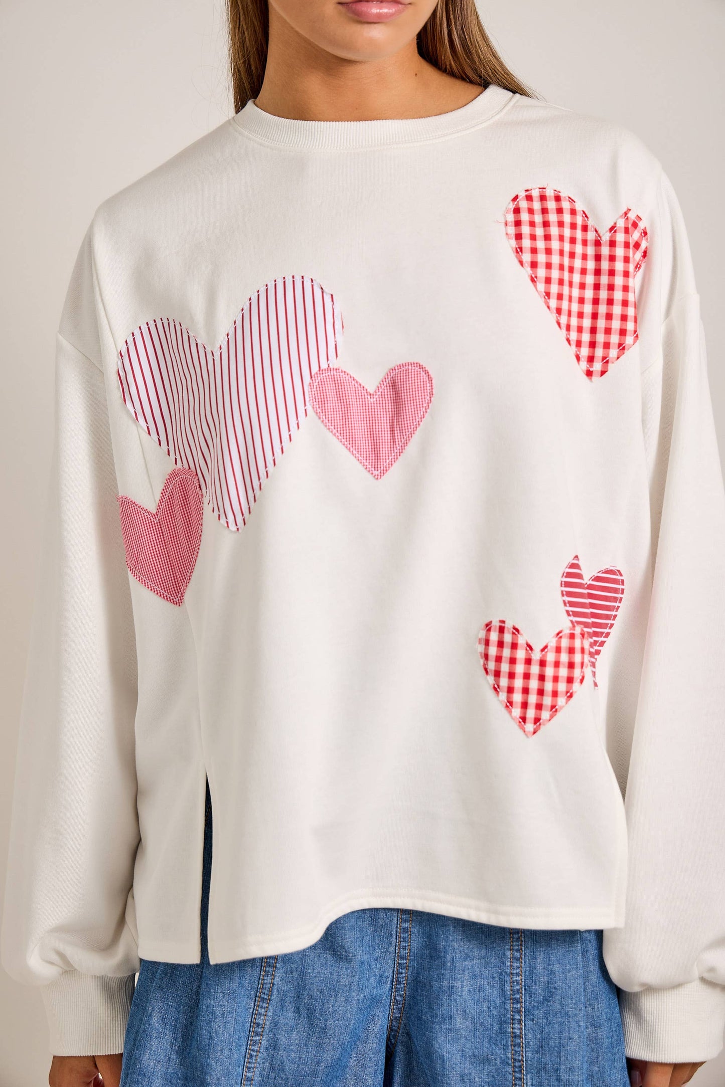 Red Heart Patchwork Sweatshirt – Valentine Pullover: RED / M