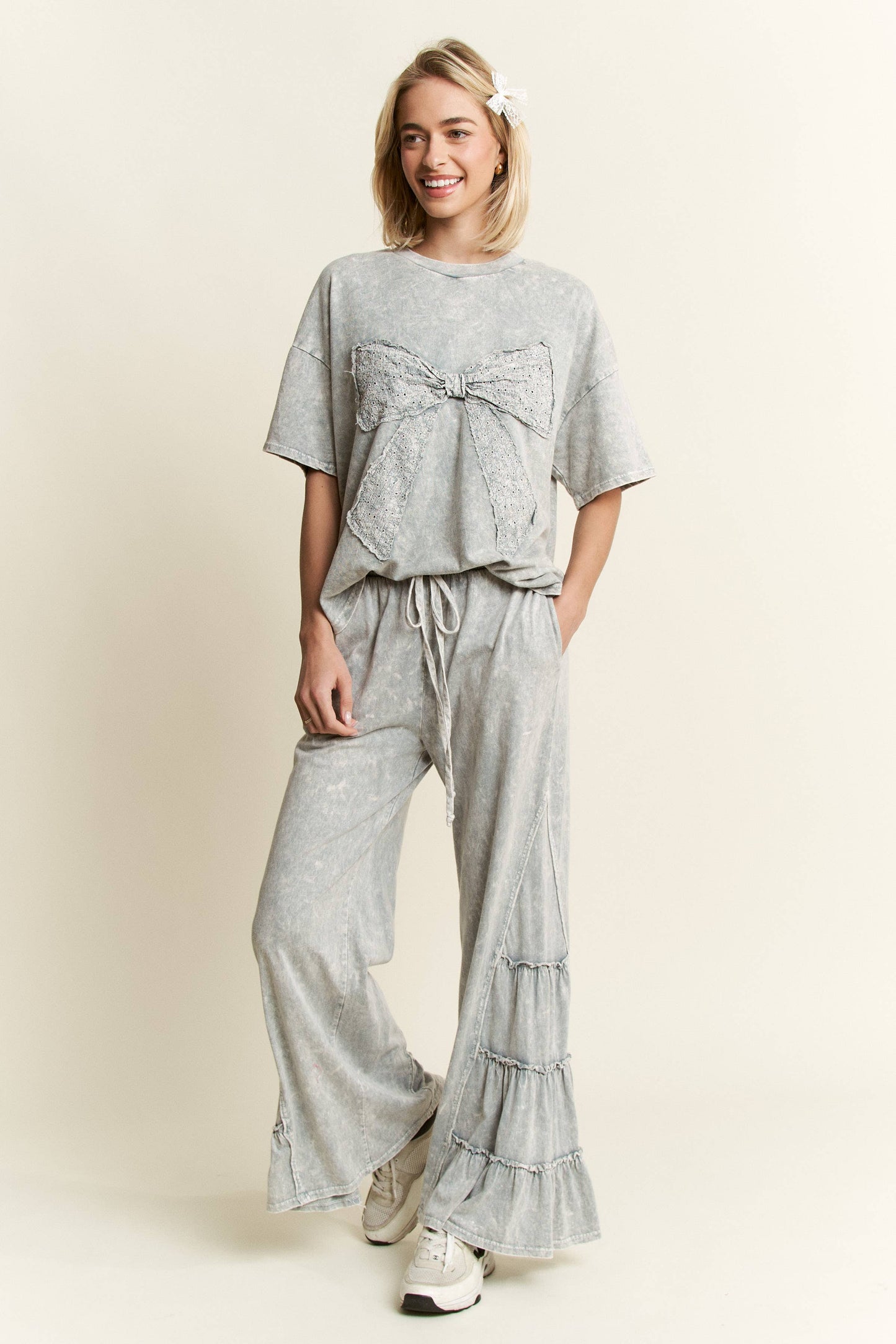 MineralWash Ribbon bow half sleeve shirt HT6308: Silver Grey / S-M-L / 2-2-2