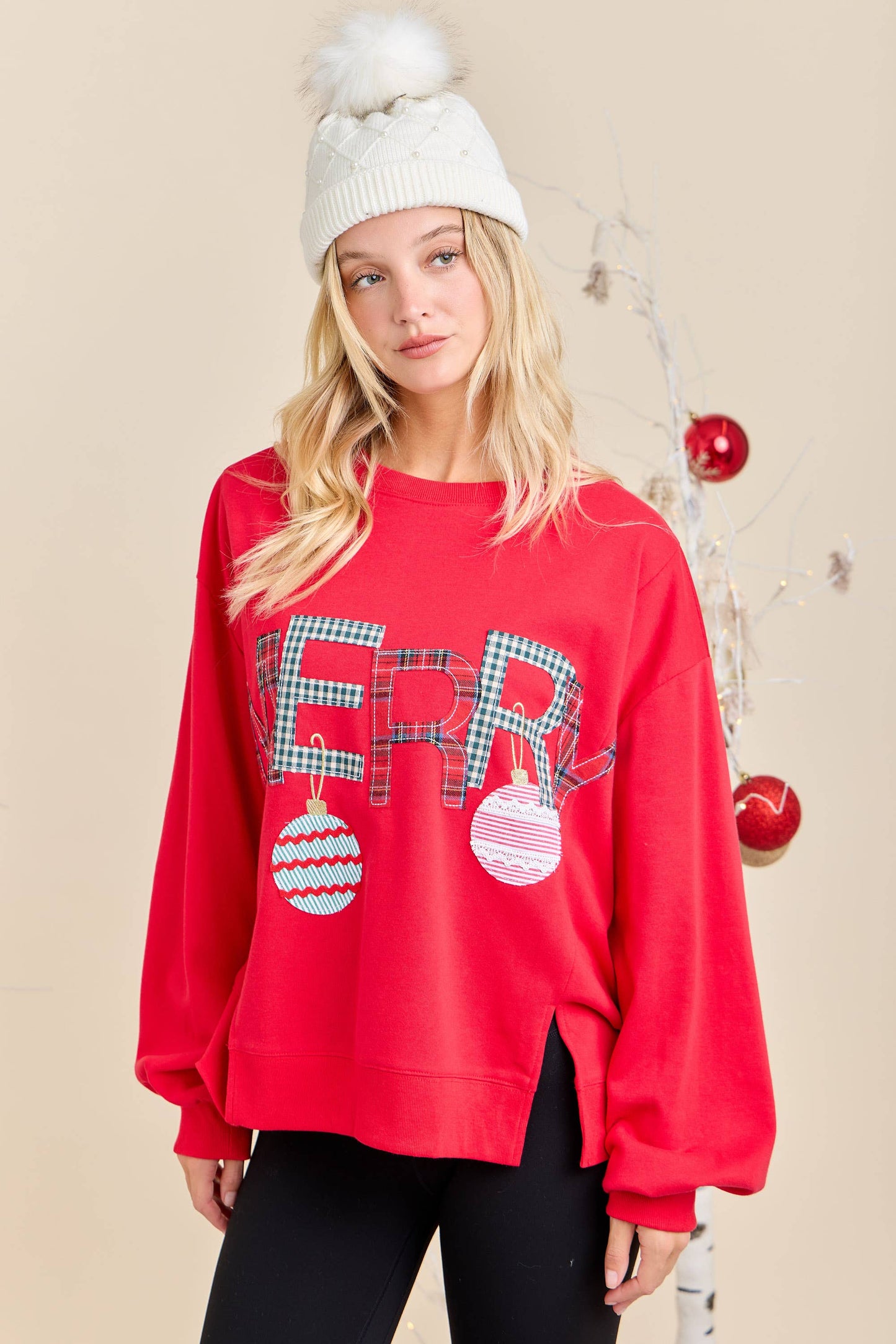 Merry With Ornament Patchwork Oversized Long Sleeve Top: HUNTER GREEN / S