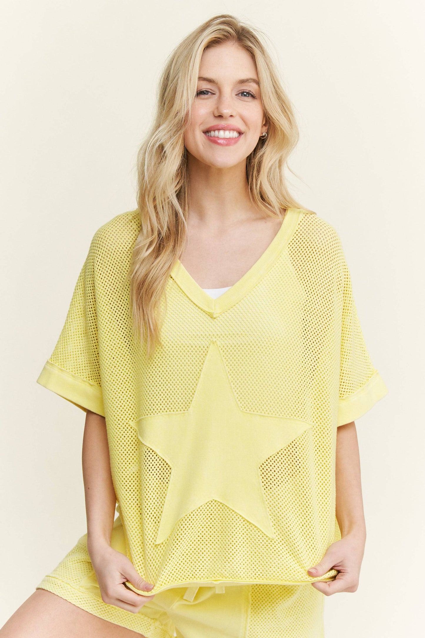 MineralWashed Star patched Mesh Knit Vest top HT6385: Hot Pink / S-M- L / 2-2-2