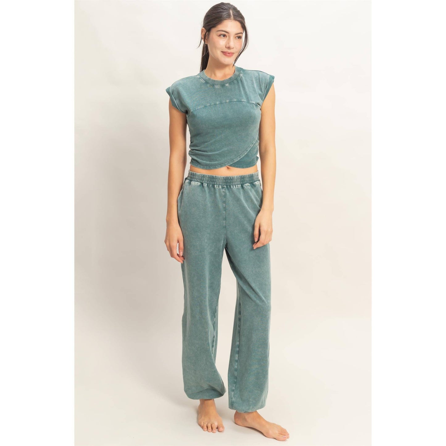 Rolled Sleeve Wrap-Front Crop Top And Jogger Set: DARK TEAL / S-M-L(2-2-2)