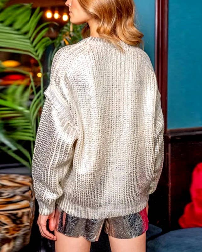 Shiny Retro Luxury Metallic Pullover Sweater: Silvery / M