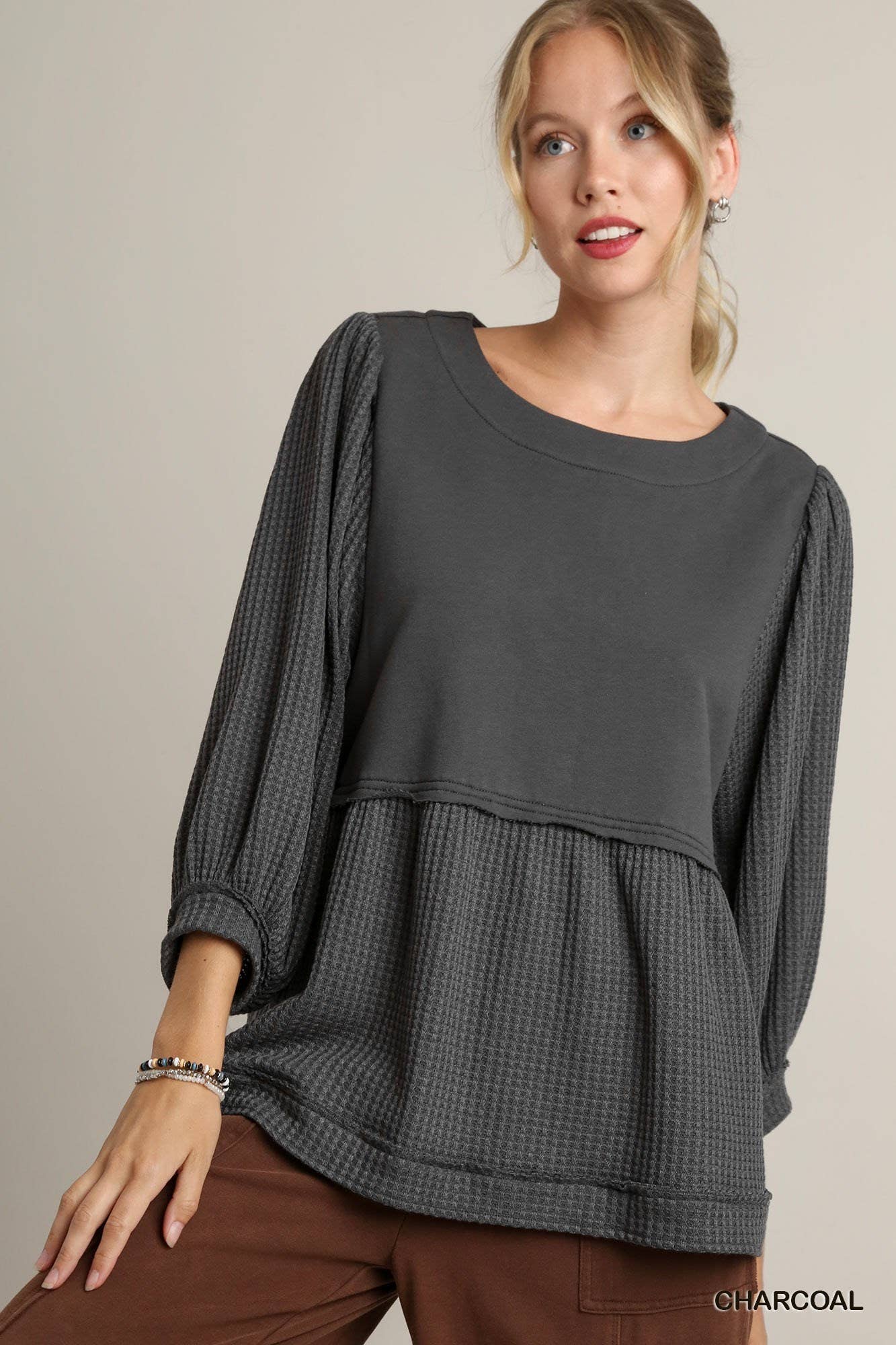 Solid French Terry Top With Thermal Contrast Sleeve: BROWN / 2-2-2 (S-M-L)