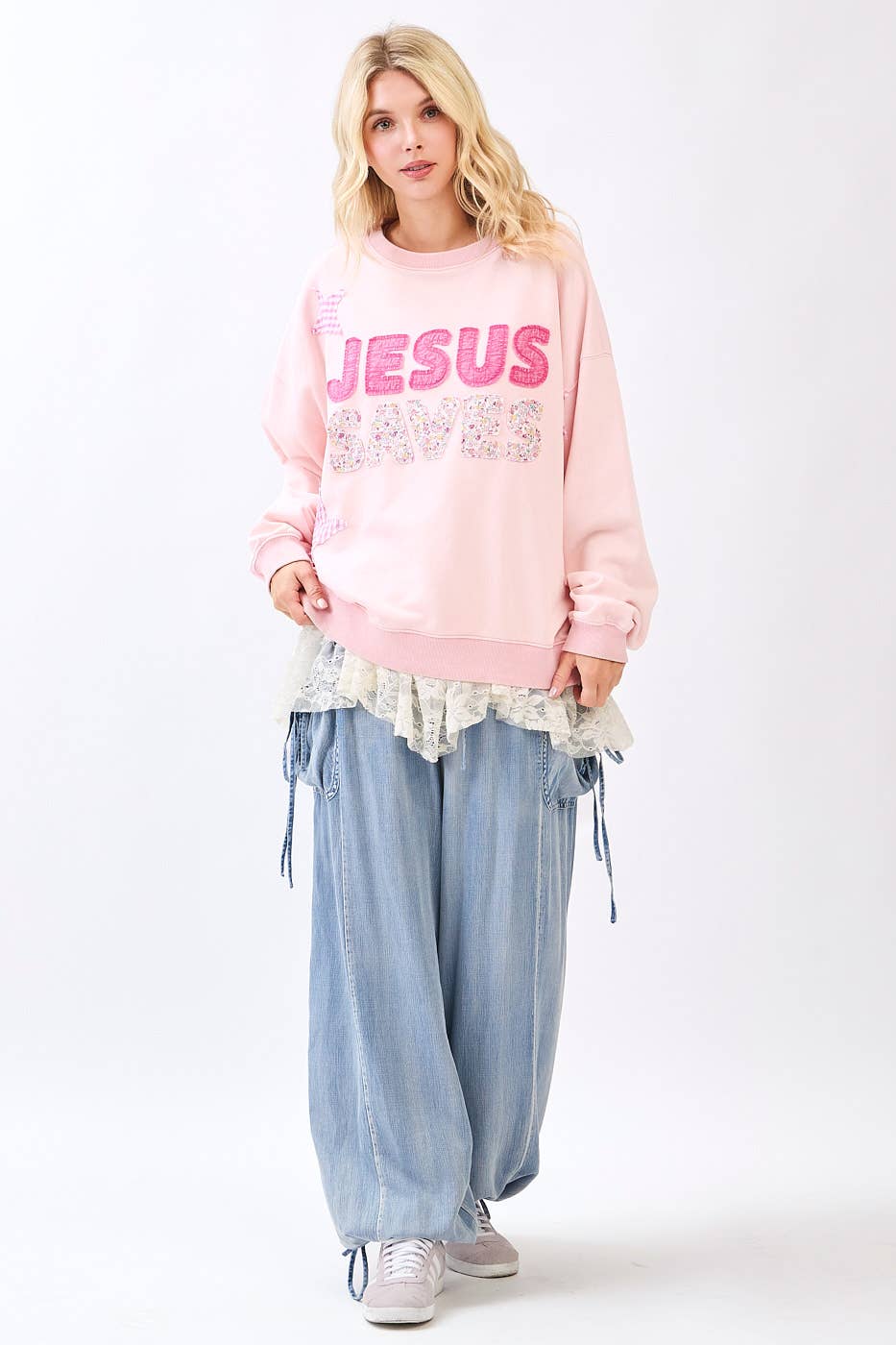 JESUS SAVES PATCHWORK CREW NECK SWEATSHIRT: ICY PINK / S-M-L(2-2-2)