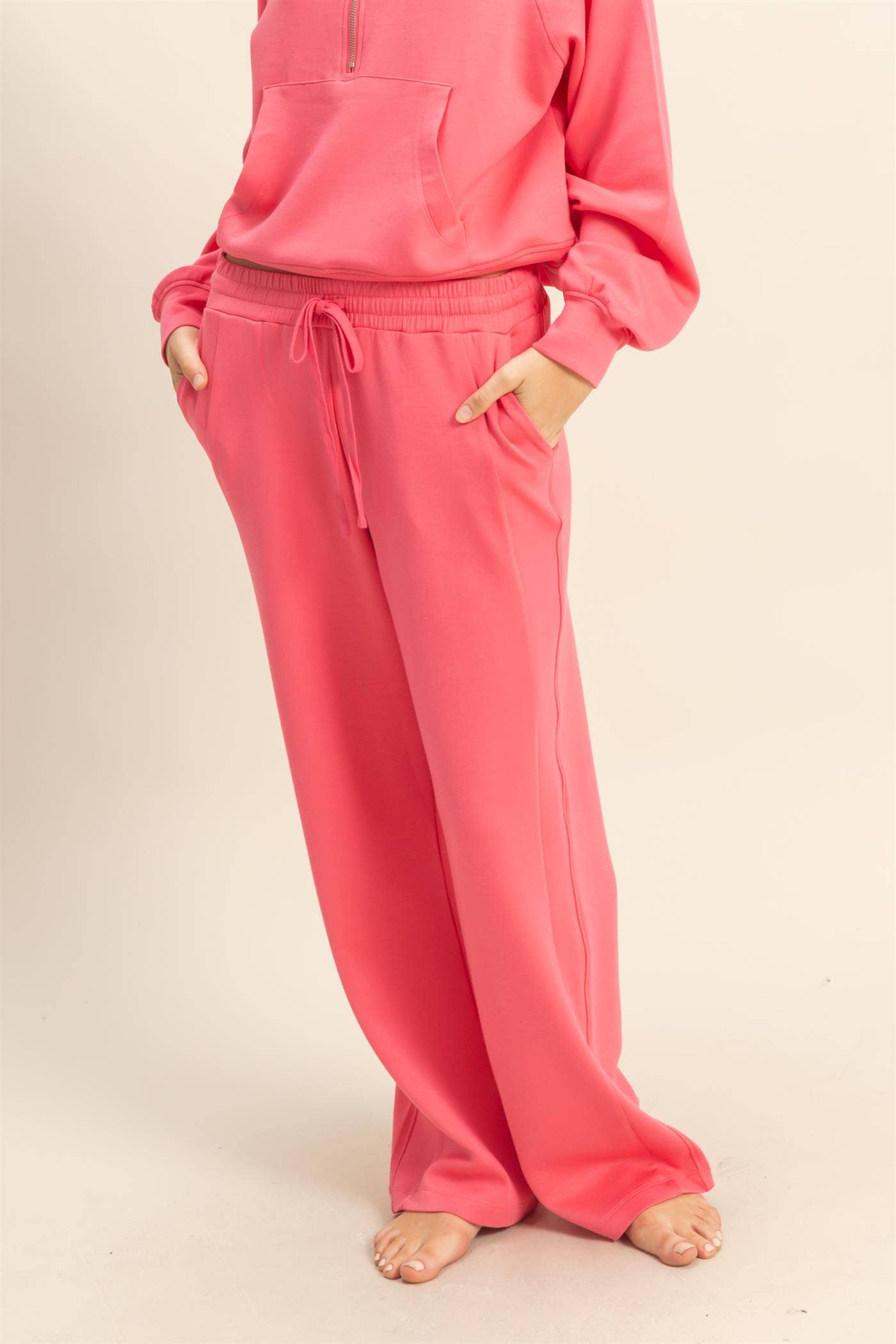 Scuba High-Waist Wide-Leg Drawstring Sweatpants: DEEP GREEN / S-M-L(2-2-2)