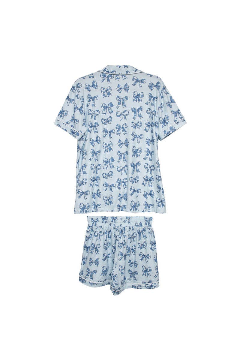 Toile Print Coquette Bows Cute Pajamas: Light Blue / M