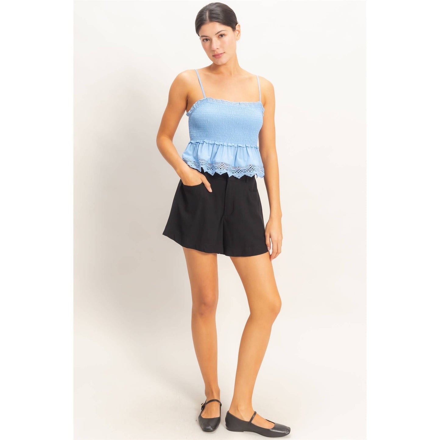 Smocked Peplum Top With Lace Trim: YELLOW / S-M-L(2-2-2)