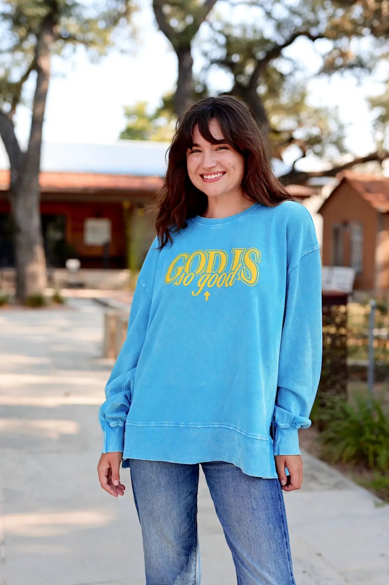 Mineral Wash Sweatshirt – God Is So Good – Cobalt: L