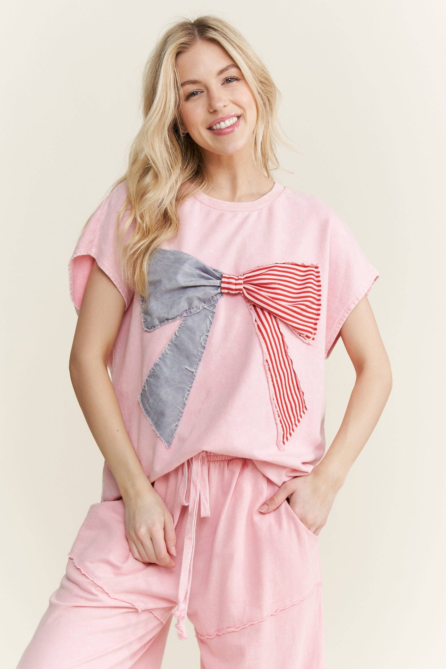 MineralWashed Americana Bow Sleeveless Blouse top HT5647P2.: Cyan