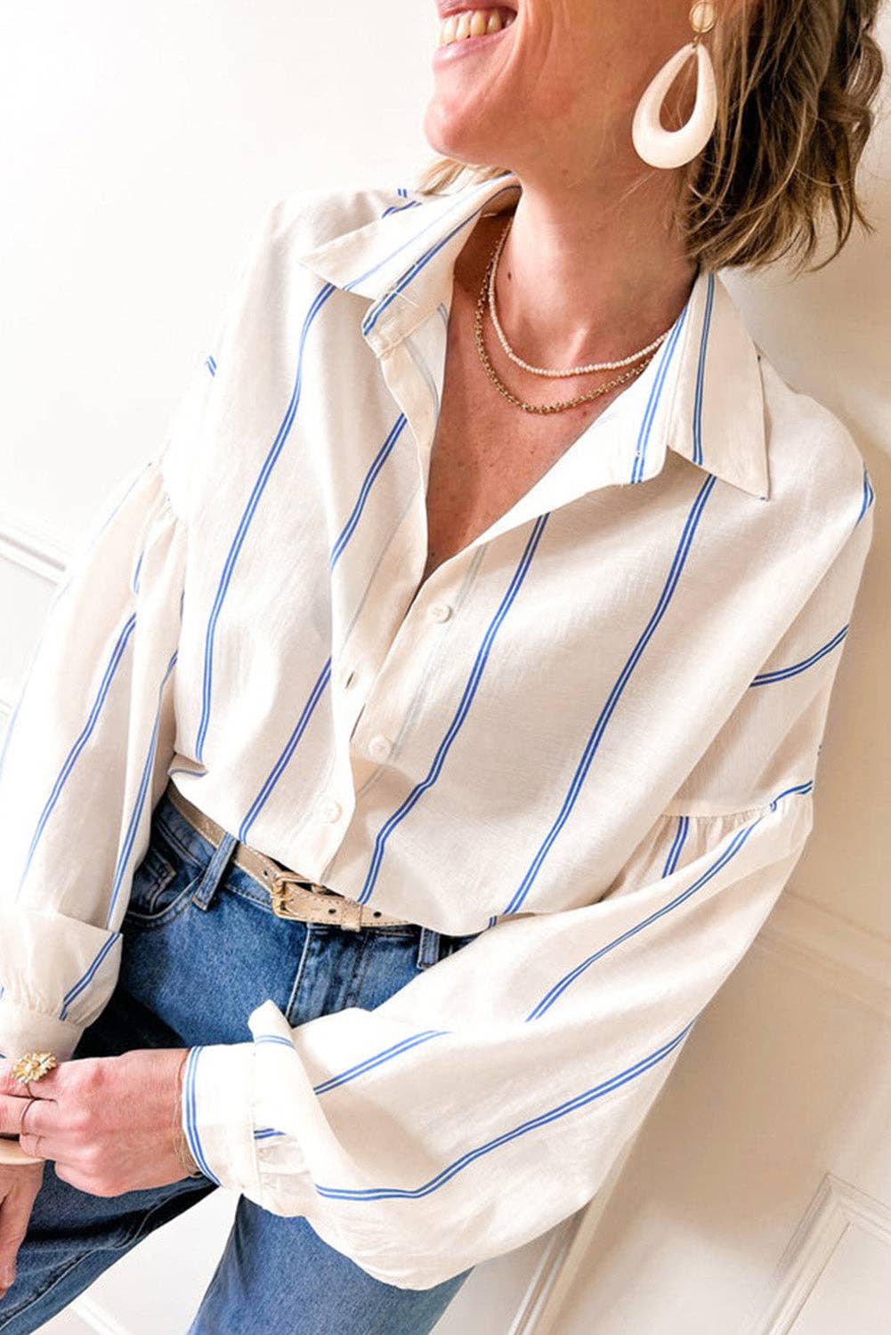 Stripe Bubble Sleeve Buttoned Shirt: Sky Blue Stripe / XL