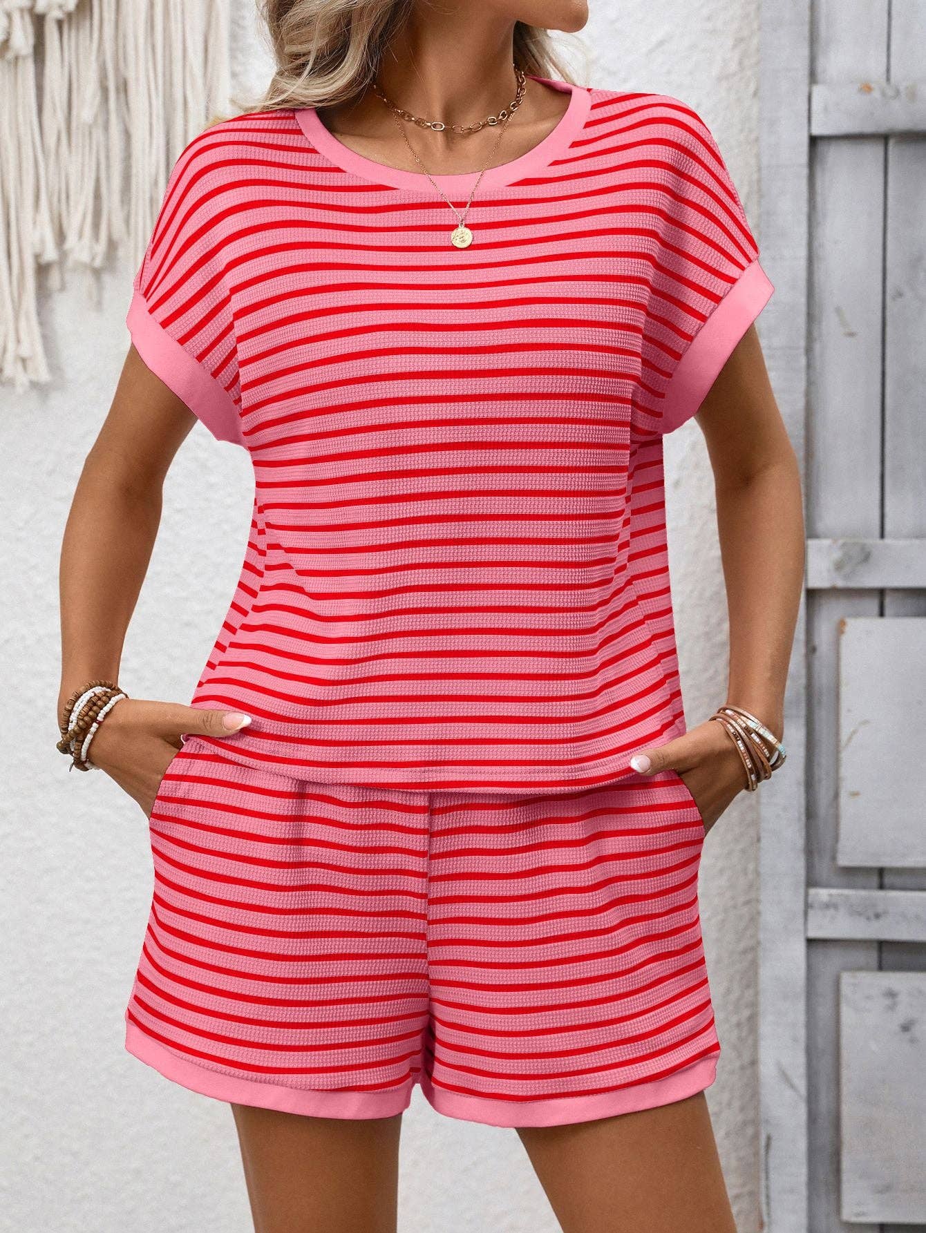 Striped Knit Lounge Set Short Sleeve Top and Shorts: Dark Pink / 65%Viscose + 35%POLYESTER / M