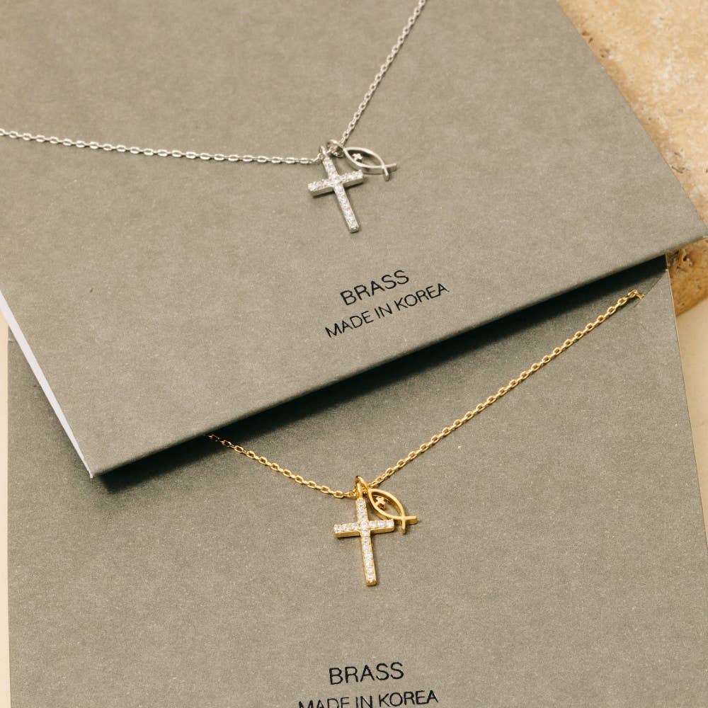 Pave Cross And Fish Charms Chain Necklace: GDCRY