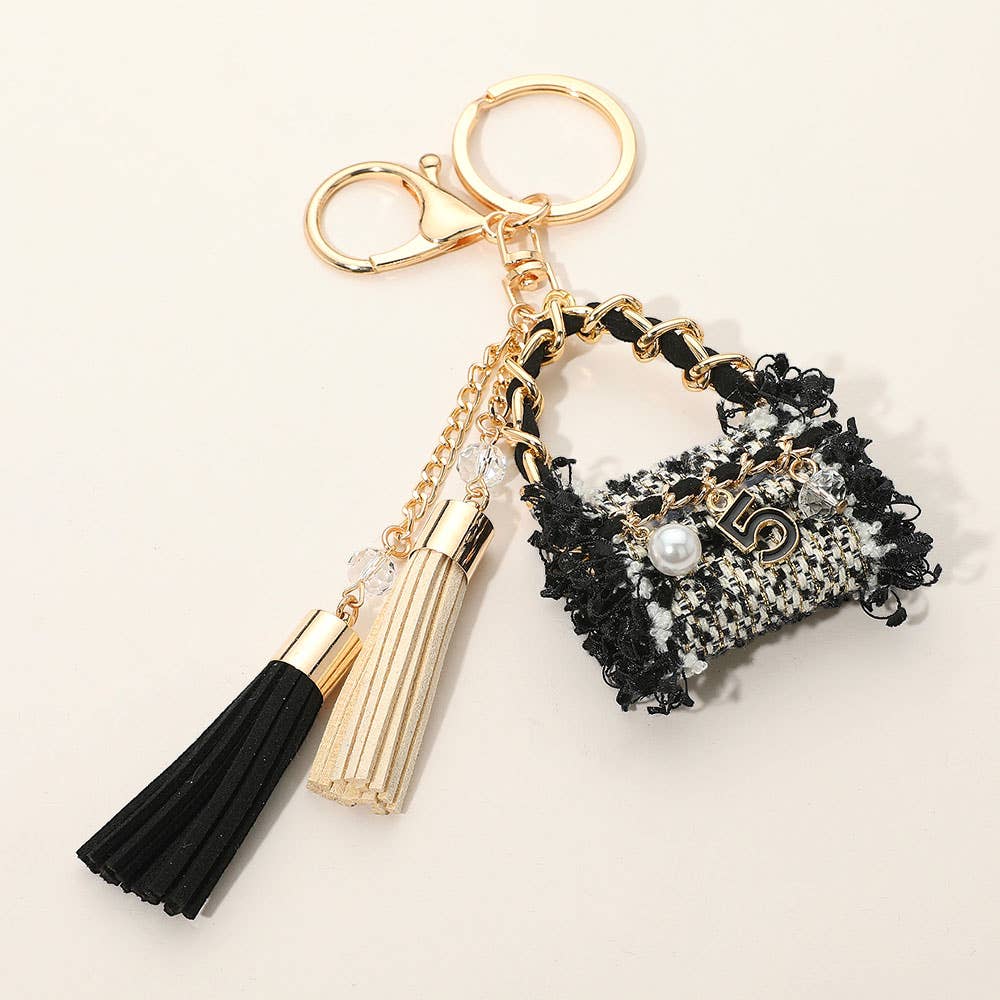 Pearl Number Five Stone Charm Accent Tweed Handbag Tassel Keychain / Bag Charm: Pink