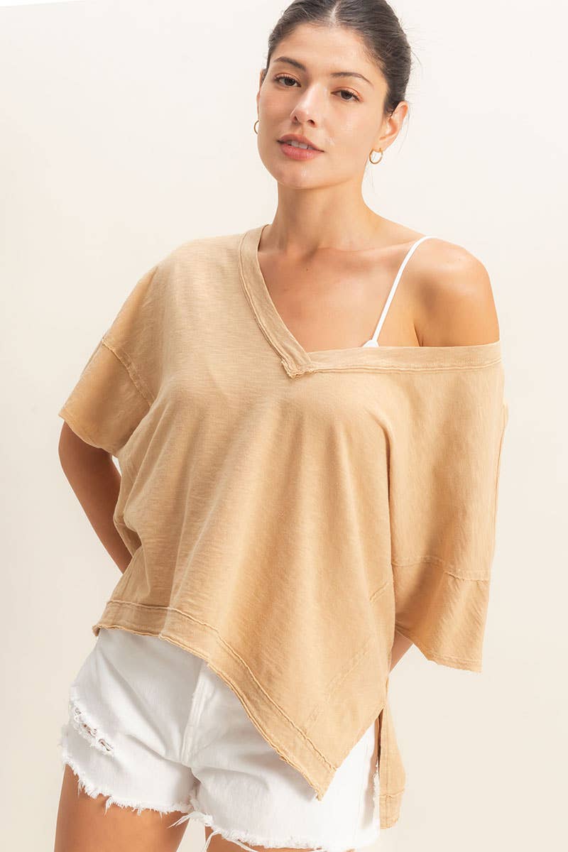 Oversized V-Neck Short Sleeve Top: TAFFY PINK / S-M-L(2-2-2)