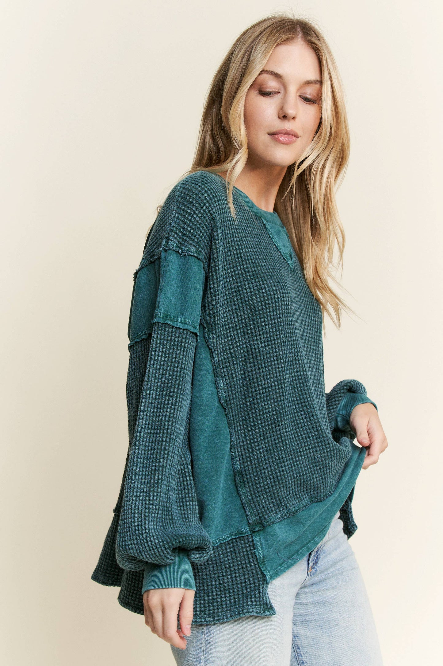 MineralWash Waffle and terry oversized fall shirt HT5989.: Midnight Green / S-M-L / 2-2-2