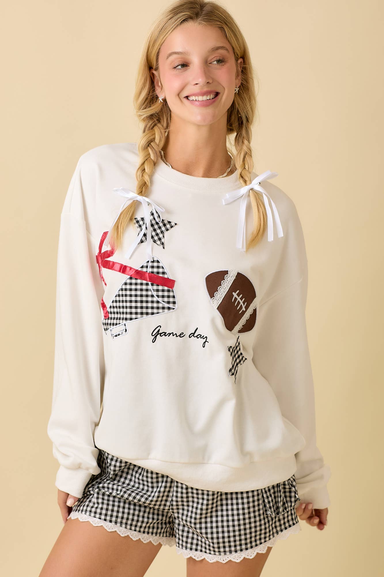 Football Game Day Patchwork Long Sleeve Crewneck Top: BLACK / S