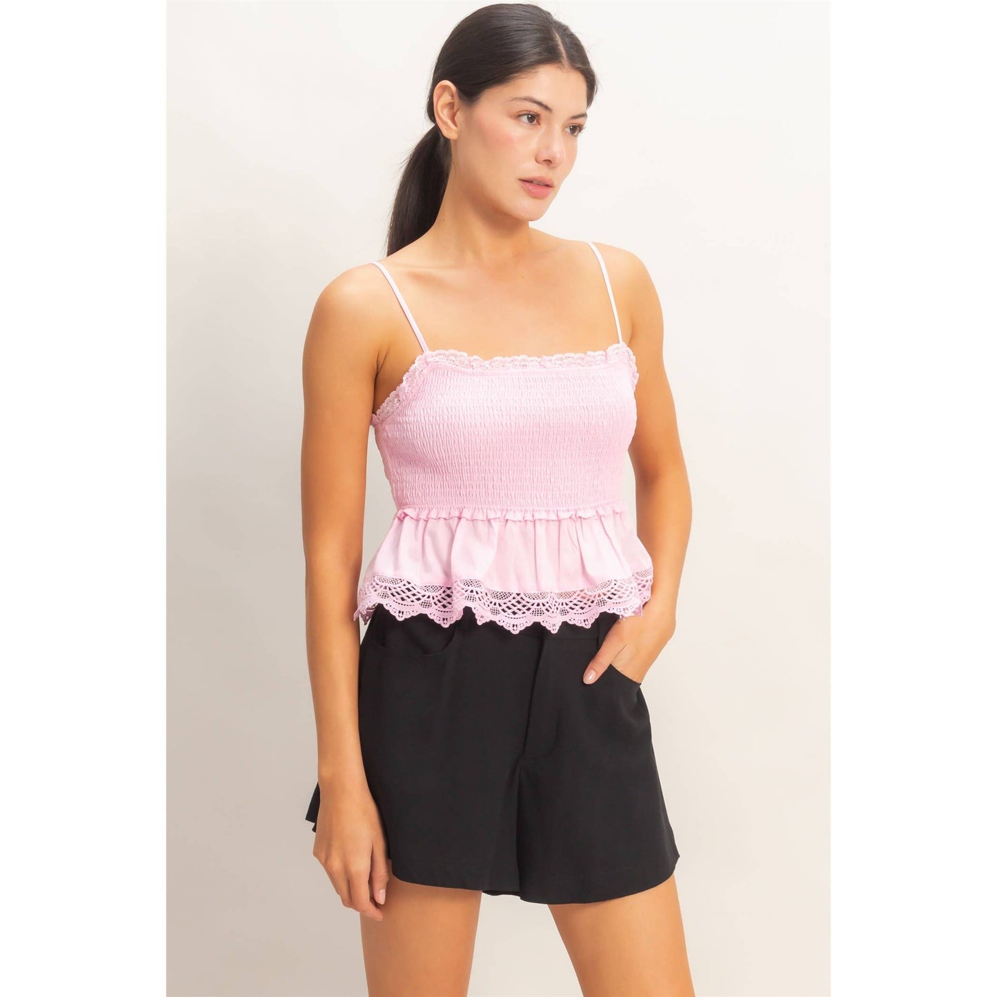 Smocked Peplum Top With Lace Trim: YELLOW / S-M-L(2-2-2)