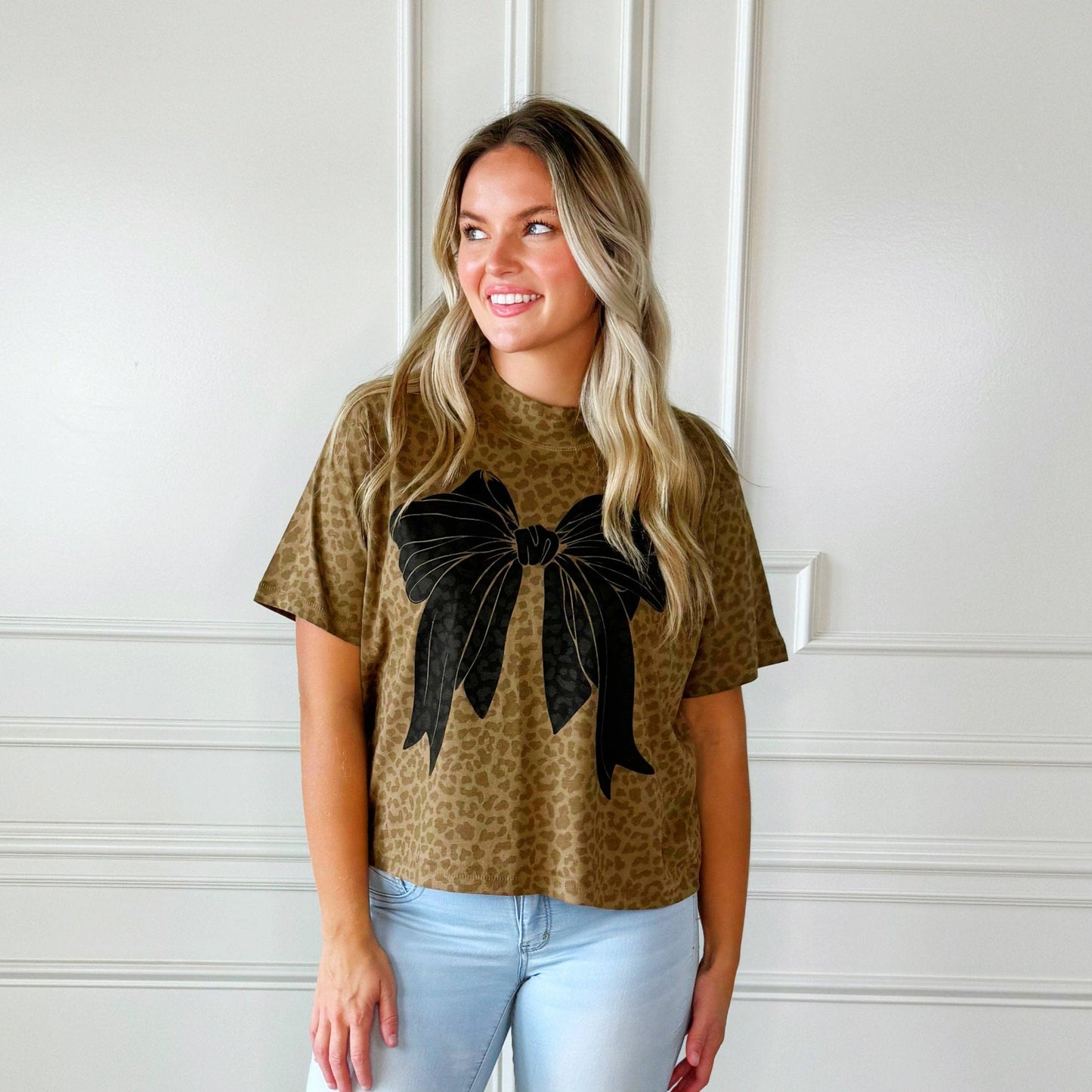 Bow Leopard Cropped Tee: Adult Small (0-6)