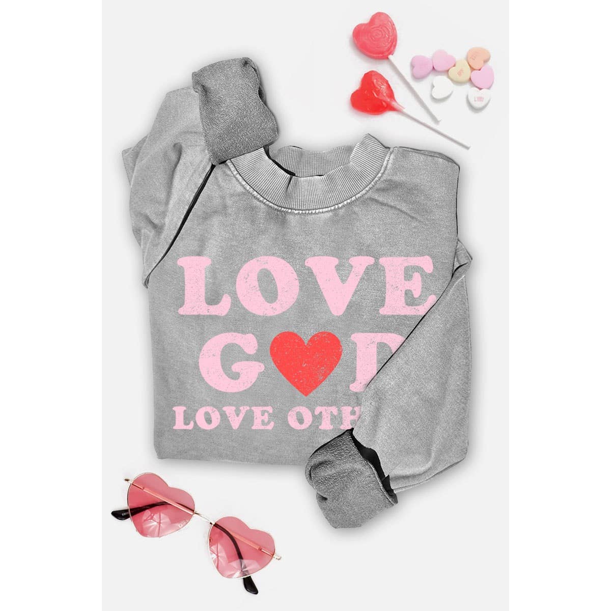 LOVE GOD LOVE OTHERS MINERAL GRAPHIC SWEATSHIRTS: MINERAL HOT PINK / S-M-L-XL(1-2-2-1)