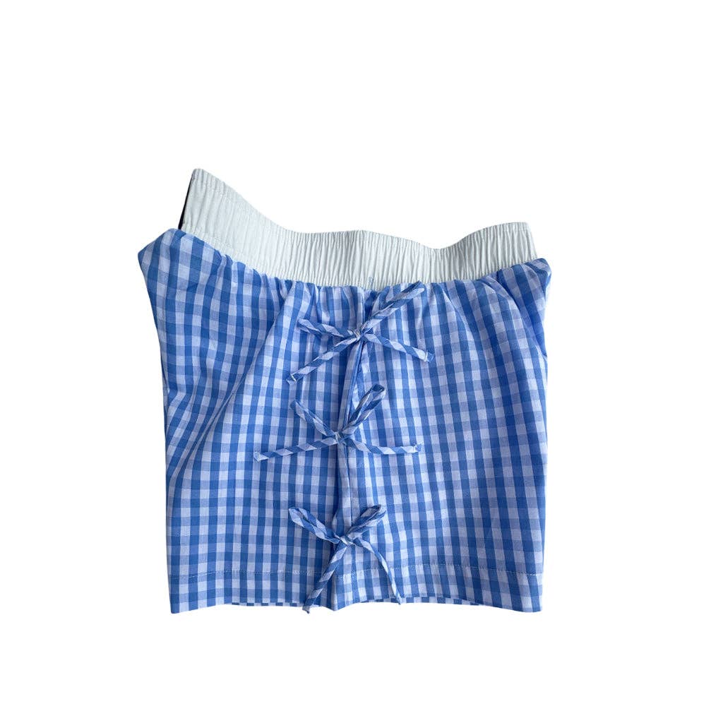 BB-4828 BUTTON BOW GINGHAM BOXER SHORTS LIGHT BLUE: LIGHT BLUE / X-Large