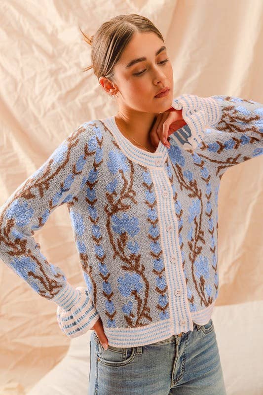 Floral Intarsia Button Up Sweater Cardigan: LAVENDER / 3-2-1 (S-M-L)
