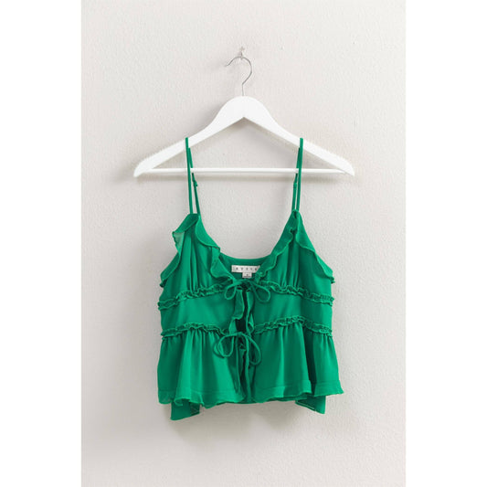 HF25E382-Chiffon Sleeveless Ruffled Cami Top: GREEN / S-M-L(2-2-2)
