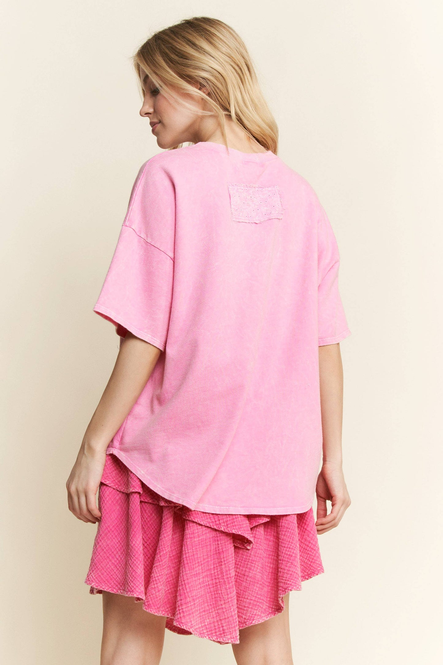 MineralWash Ribbon bow half sleeve shirt HT6308: Silver Grey / S-M-L / 2-2-2